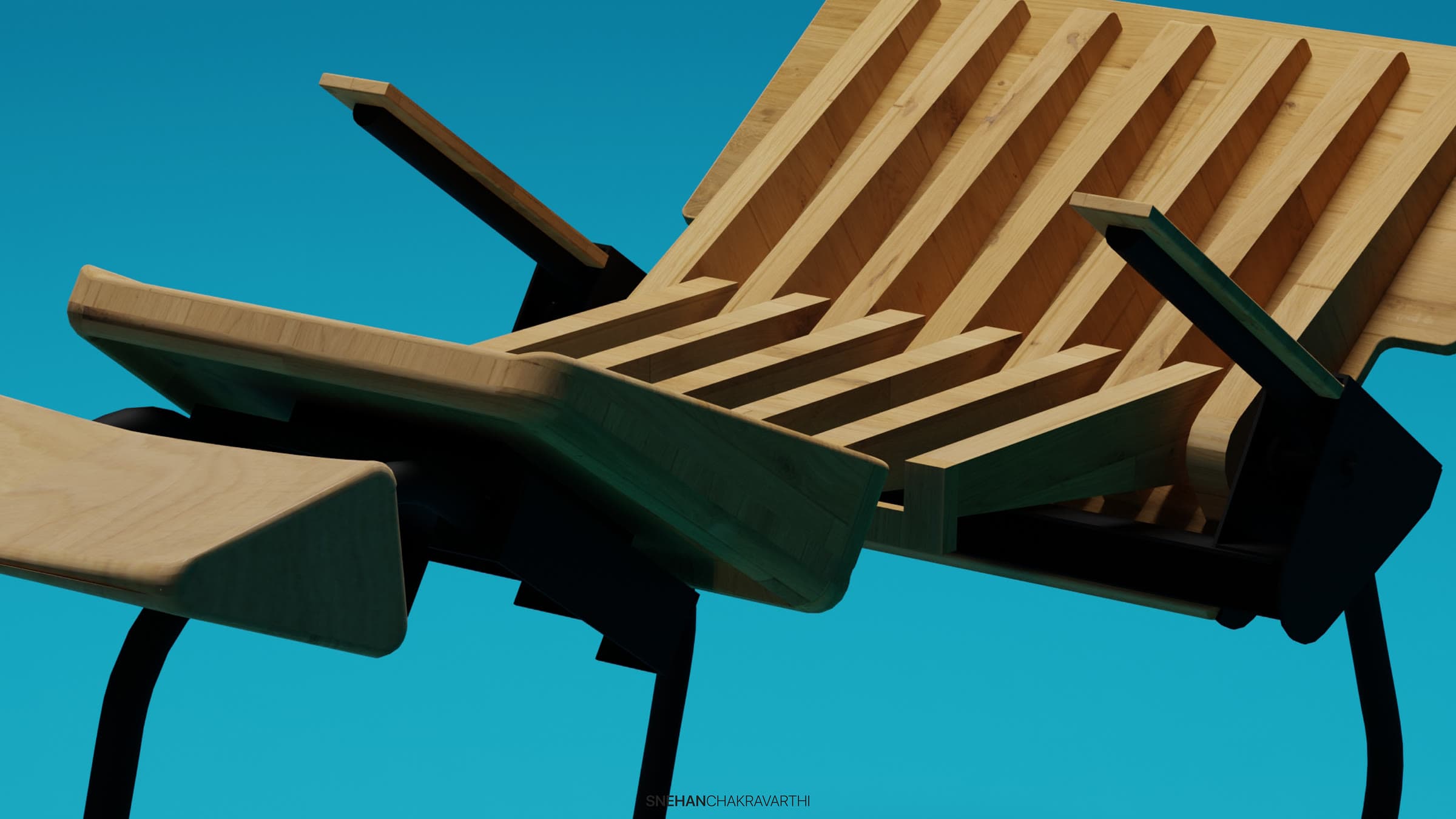 Render of the slatted wooden Motsats lounger against a blue background