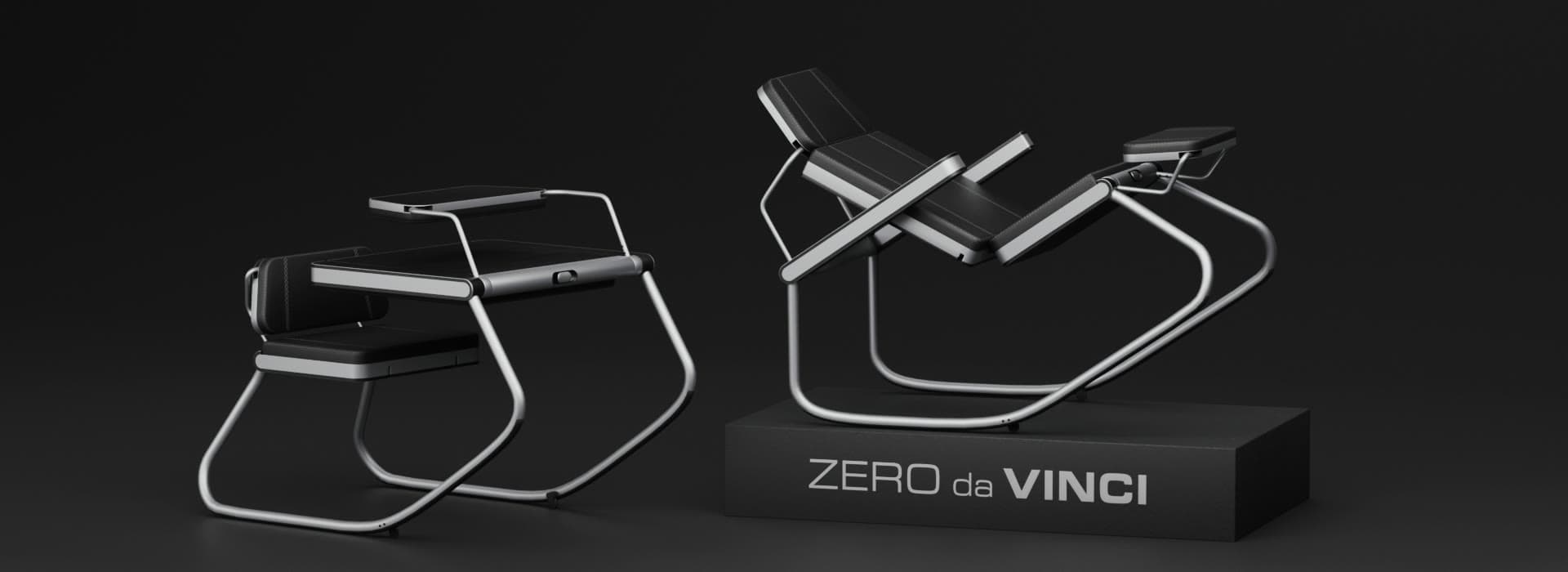 Render of Zero da Vinci in black and silver, shown in work mode and recline mode