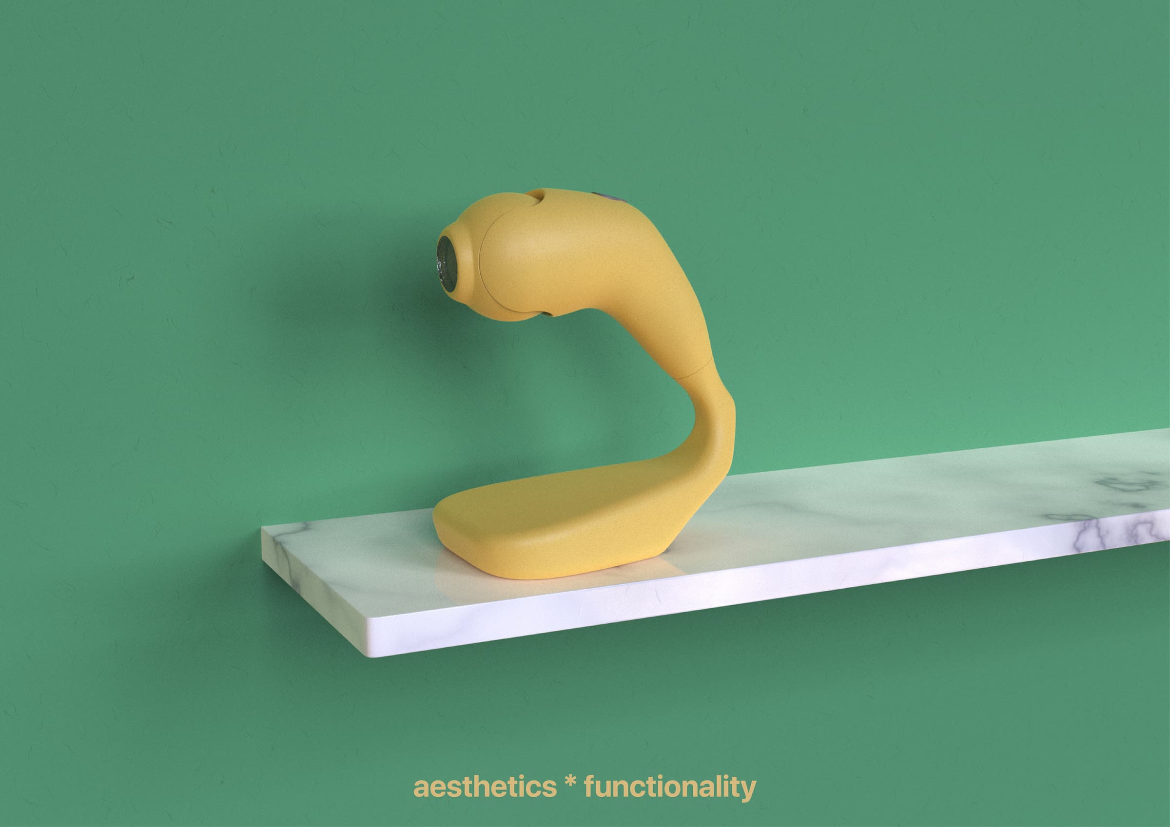 Render of a yellow SightLight lamp on a marble shelf against a green wall