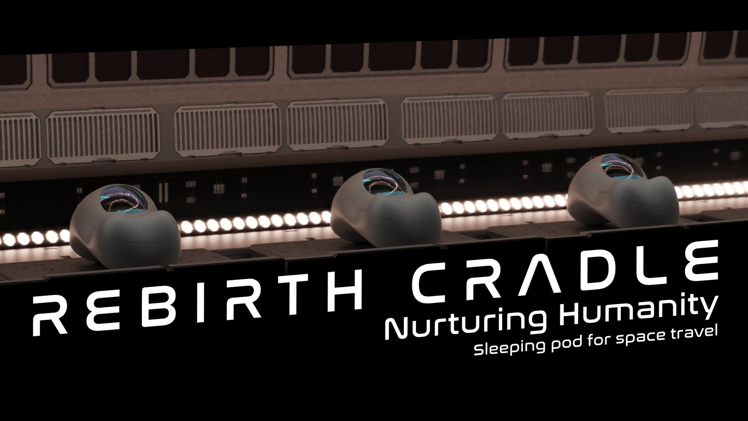 Title slide: a row of Rebirth Cradle pods along a spacecraft corridor