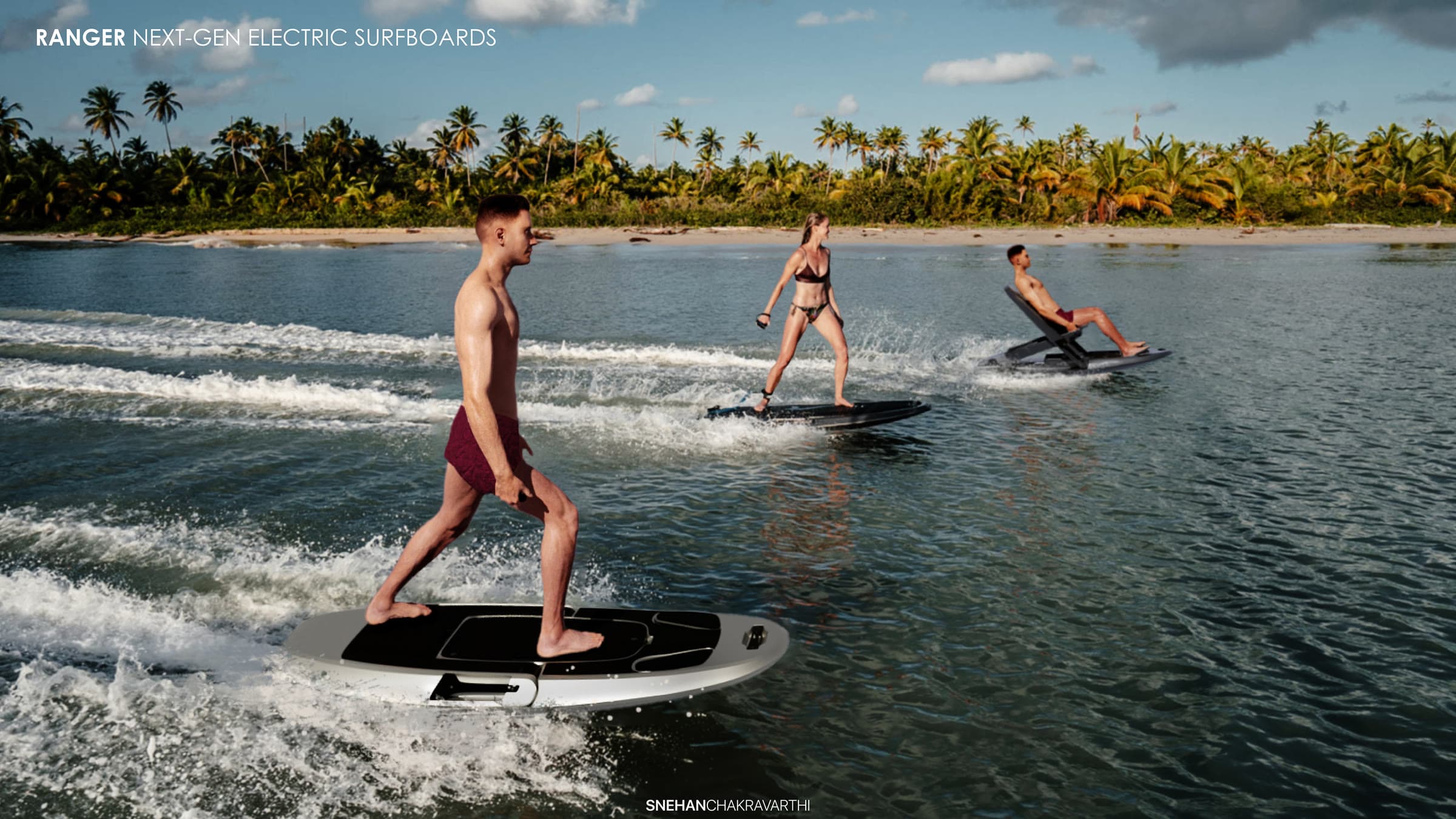 Render of three people riding Ranger boards on a lake, one sitting in the fold-out seat
