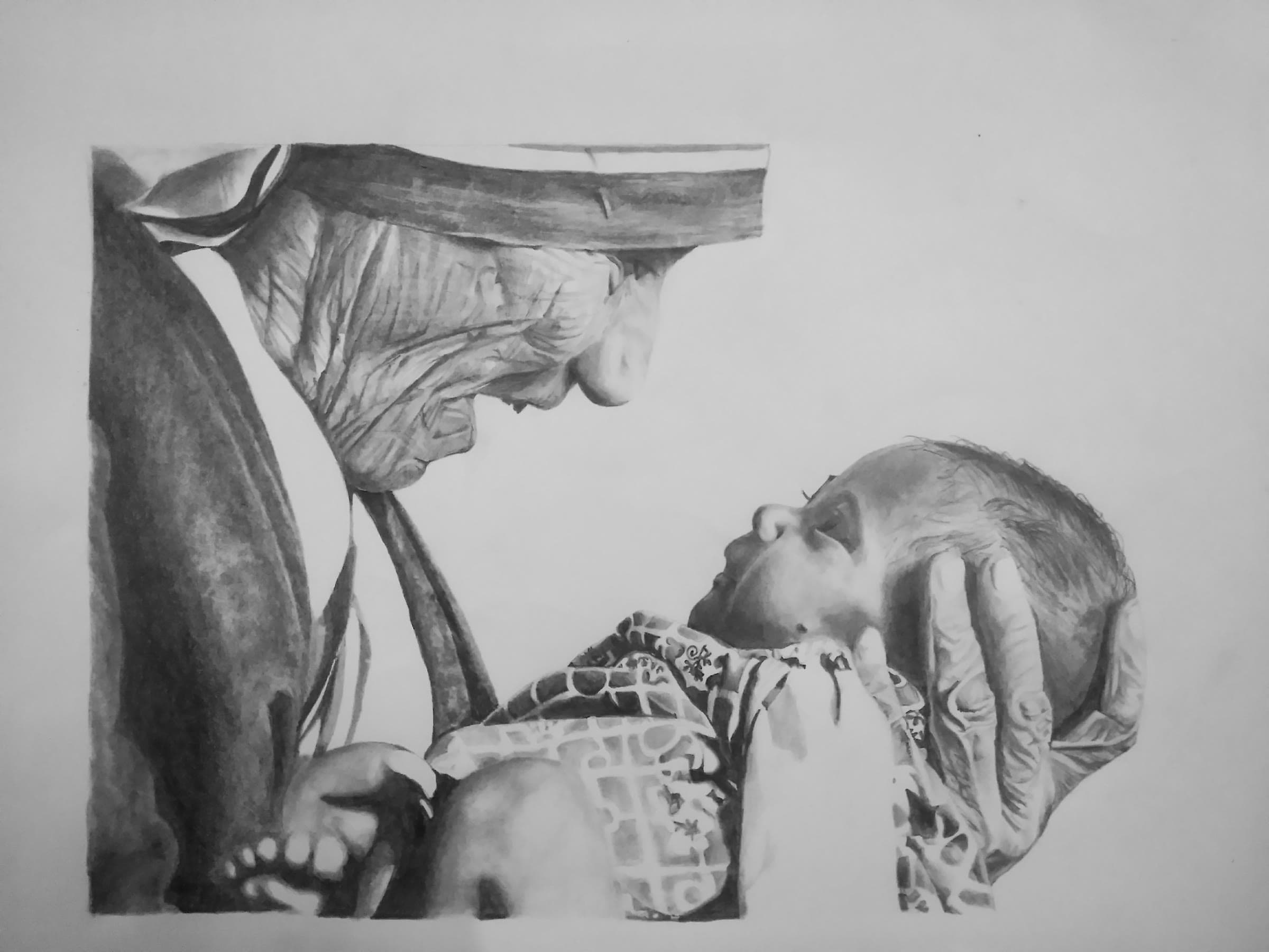 Graphite drawing of Mother Teresa holding a baby