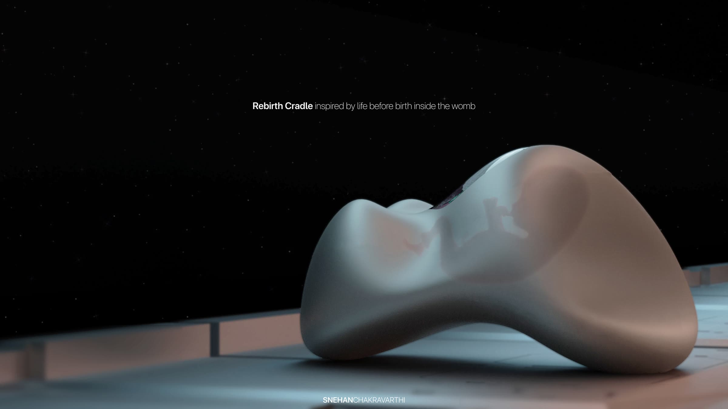 Render of a single smooth white Rebirth Cradle pod against a dark background