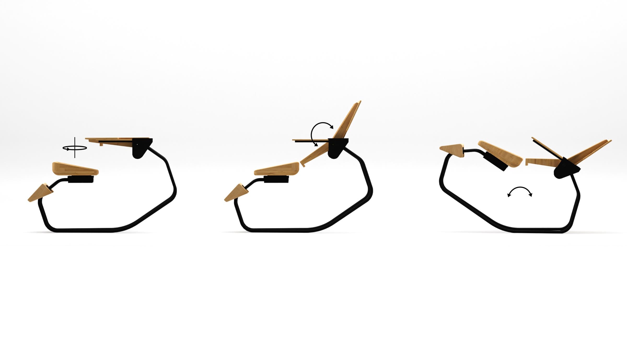 Diagram of Motsats transforming in three steps from desk to lounger