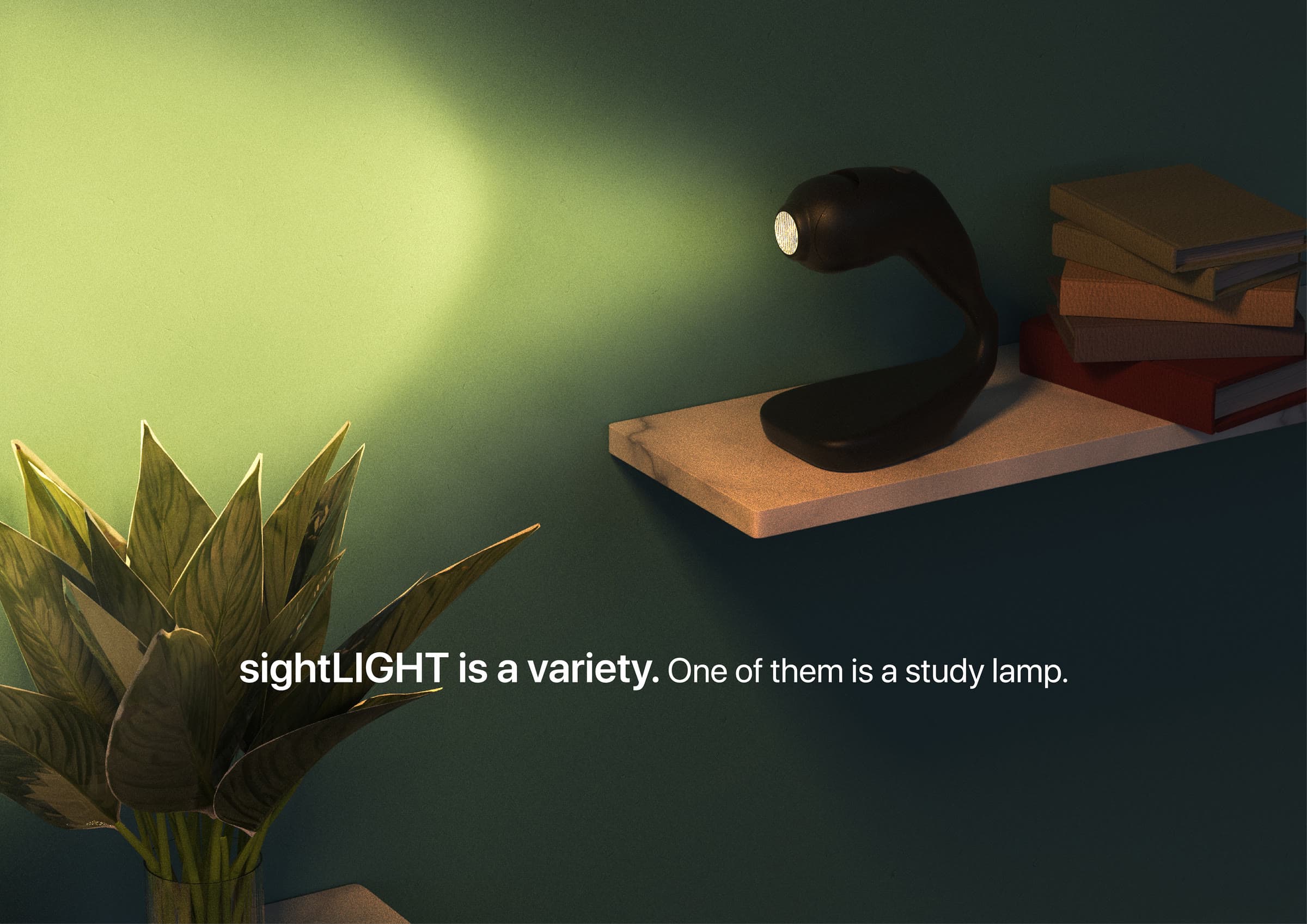 Render of a black SightLight used as a study lamp on a shelf beside books