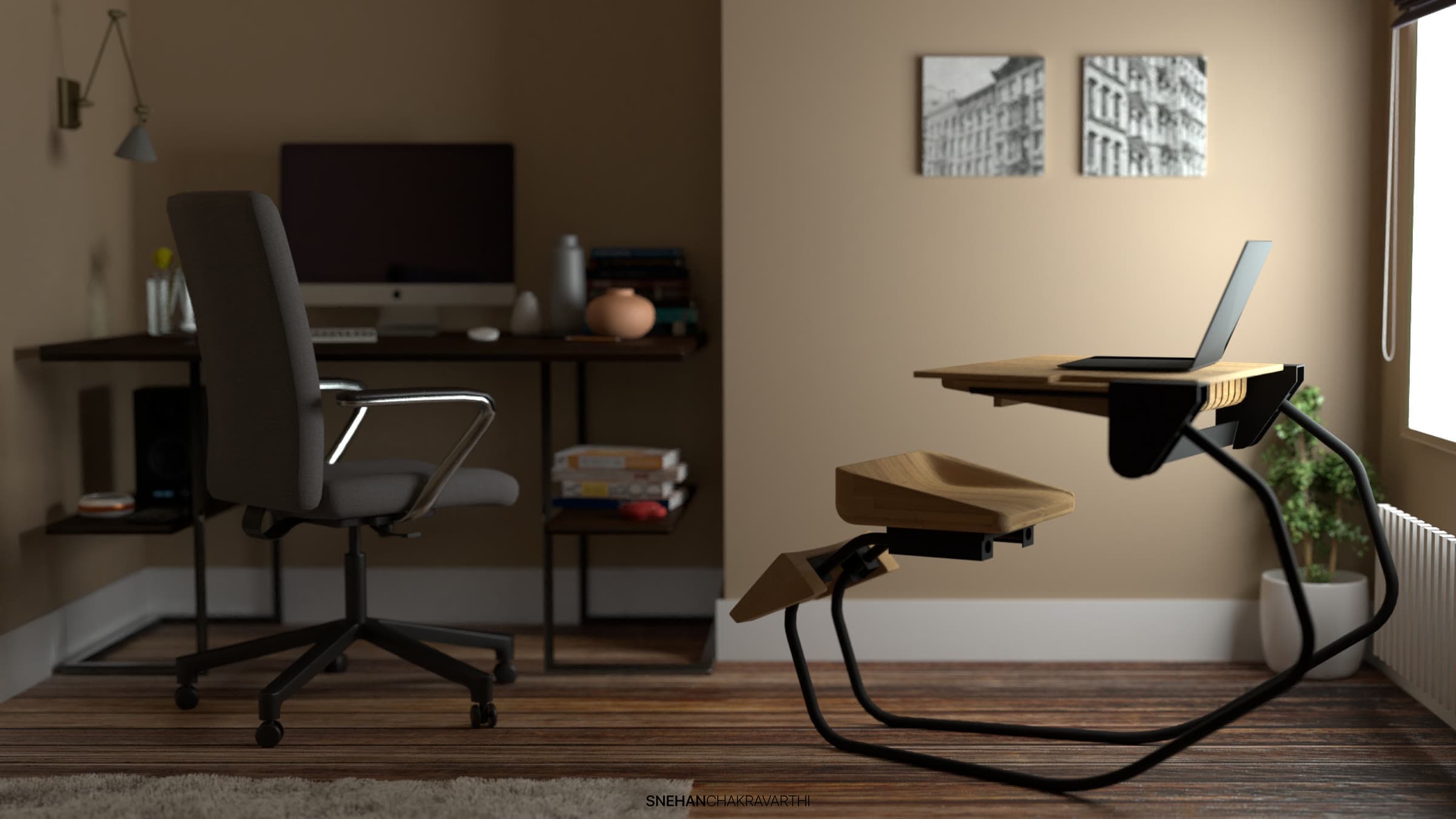 Render of Motsats as a standing desk in a home office