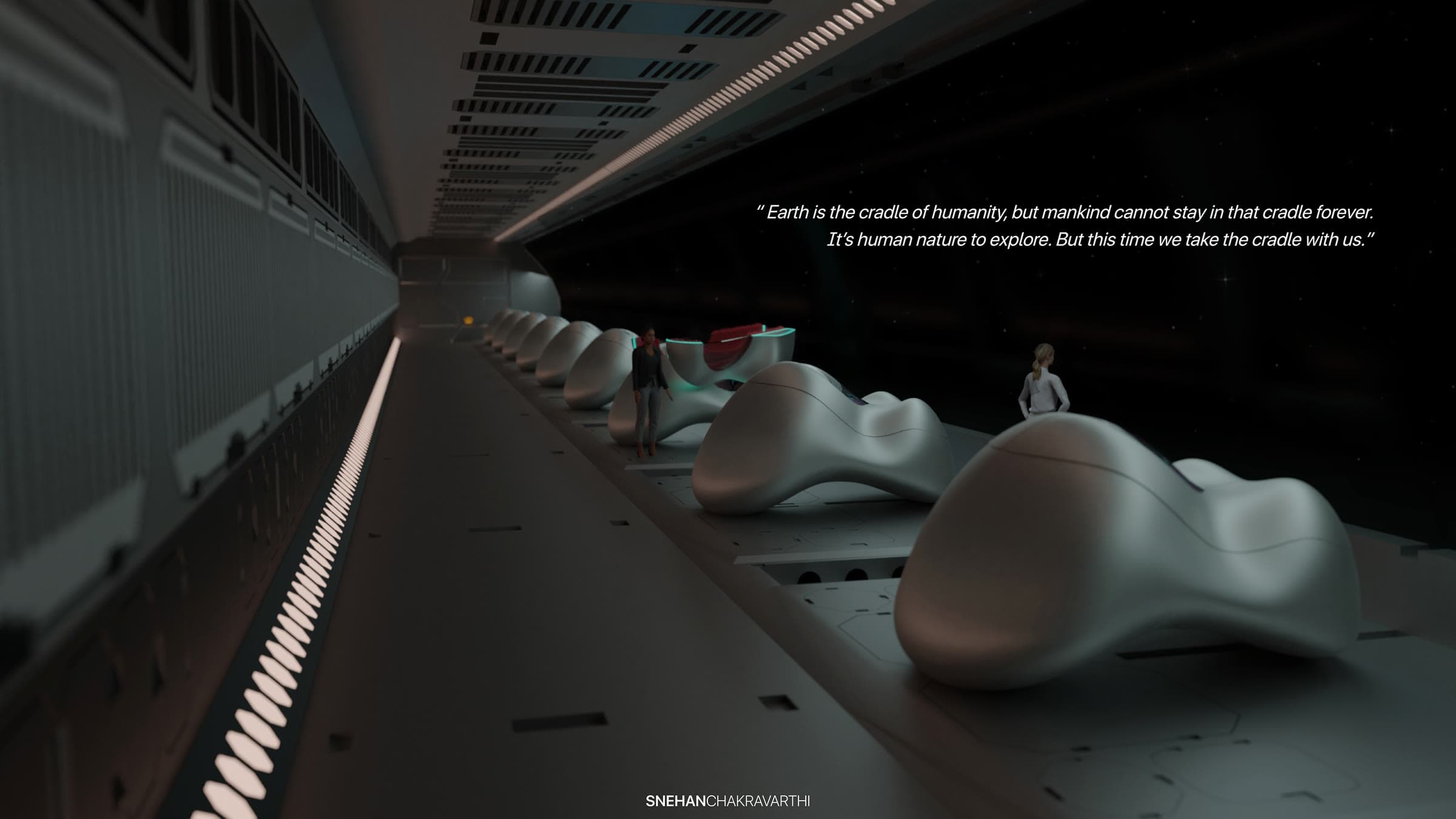 Render of a long spacecraft corridor lined with Rebirth Cradle pods
