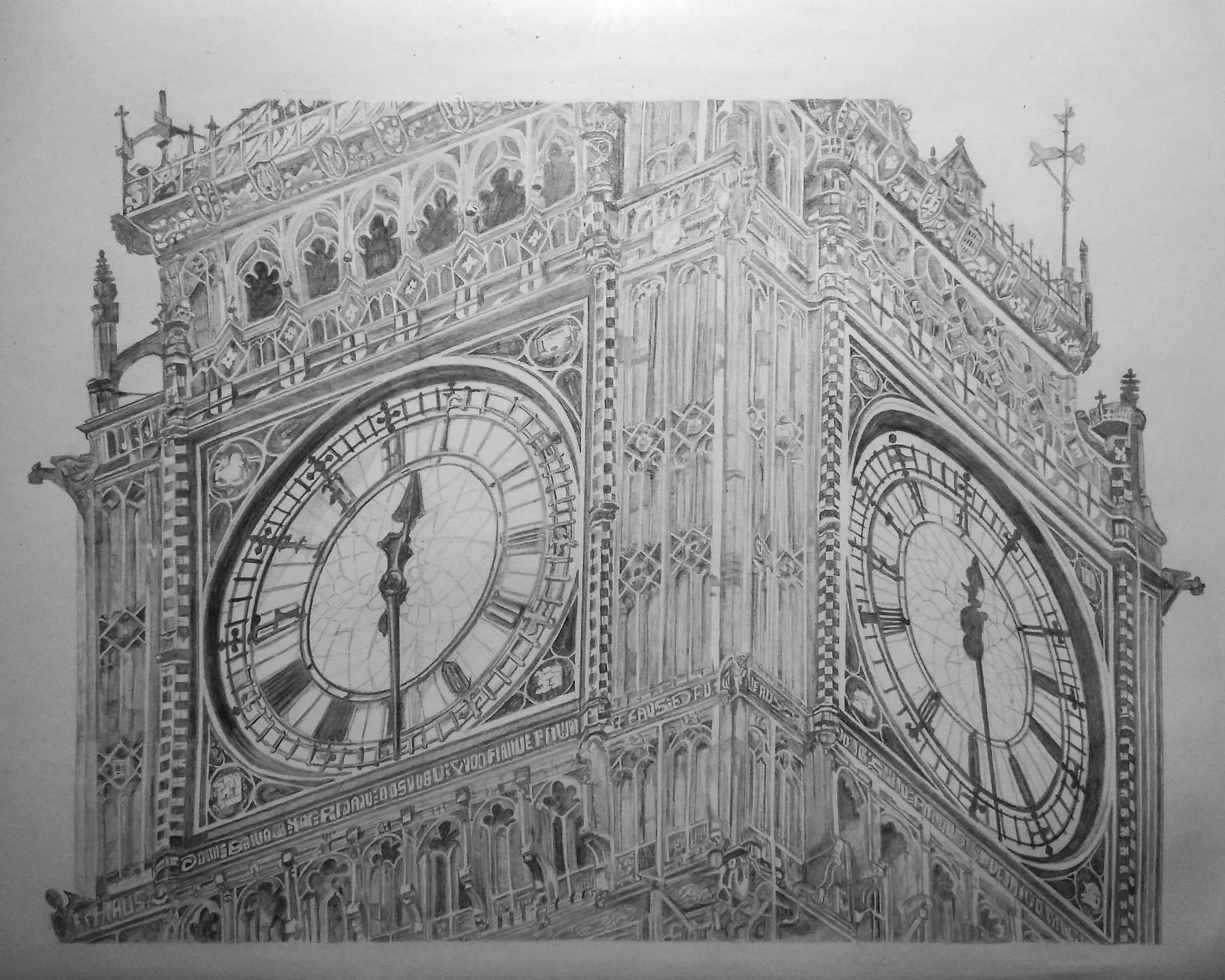 Detailed graphite drawing of the clock faces of Big Ben