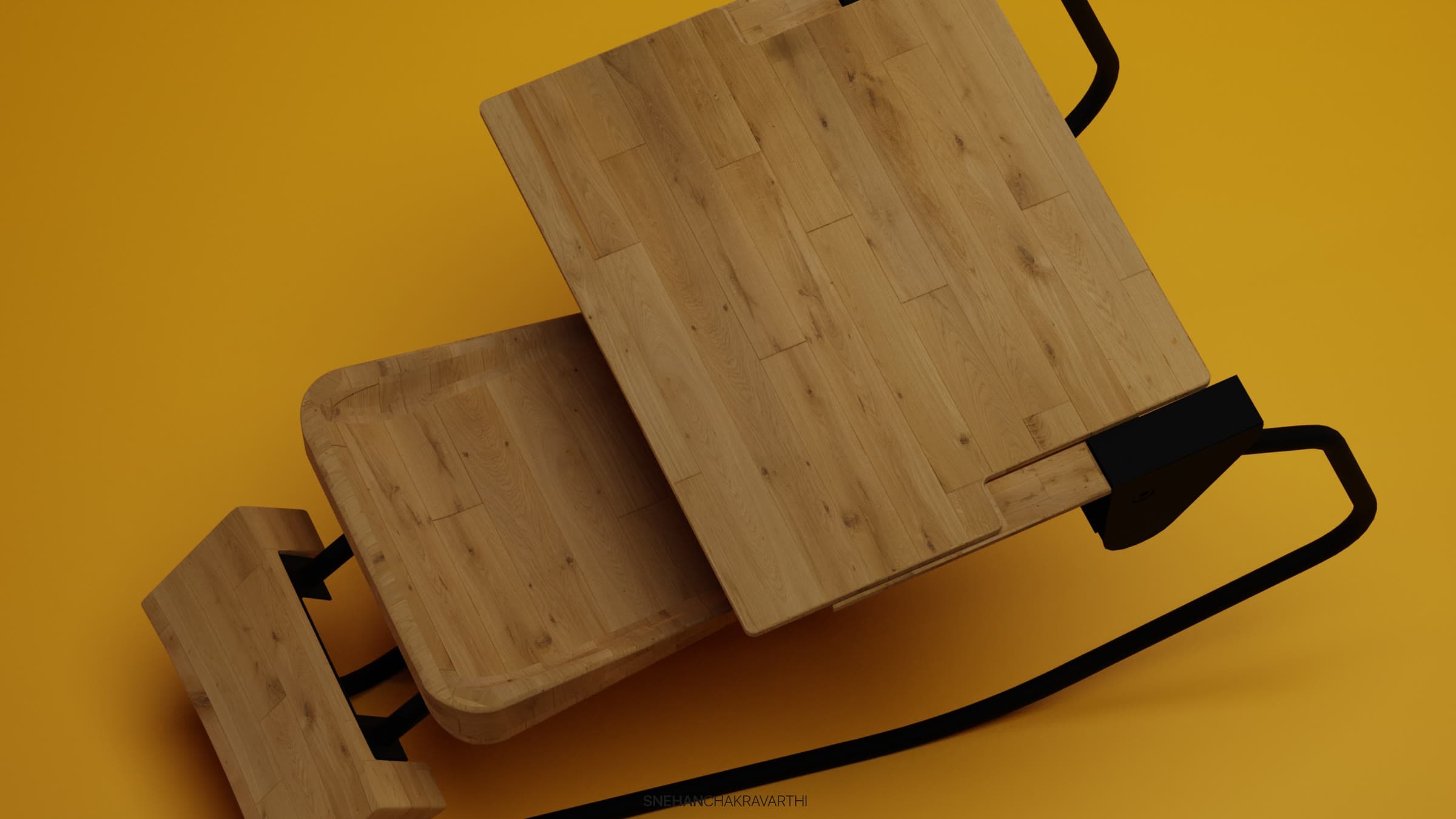 Overhead render of the Motsats wooden seat and back on a yellow background