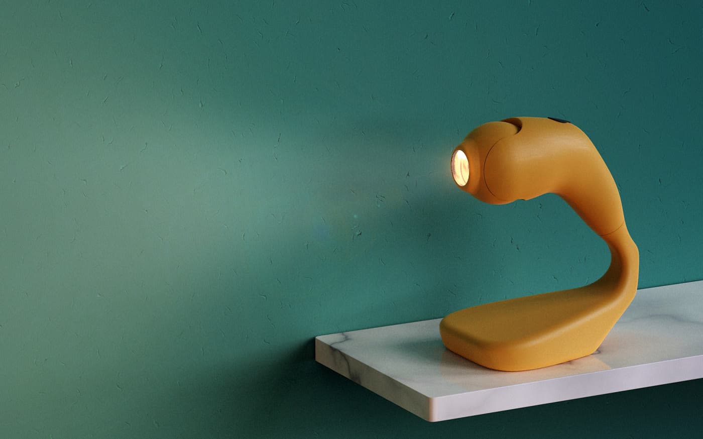 Render of the yellow SightLight on a marble shelf, light on