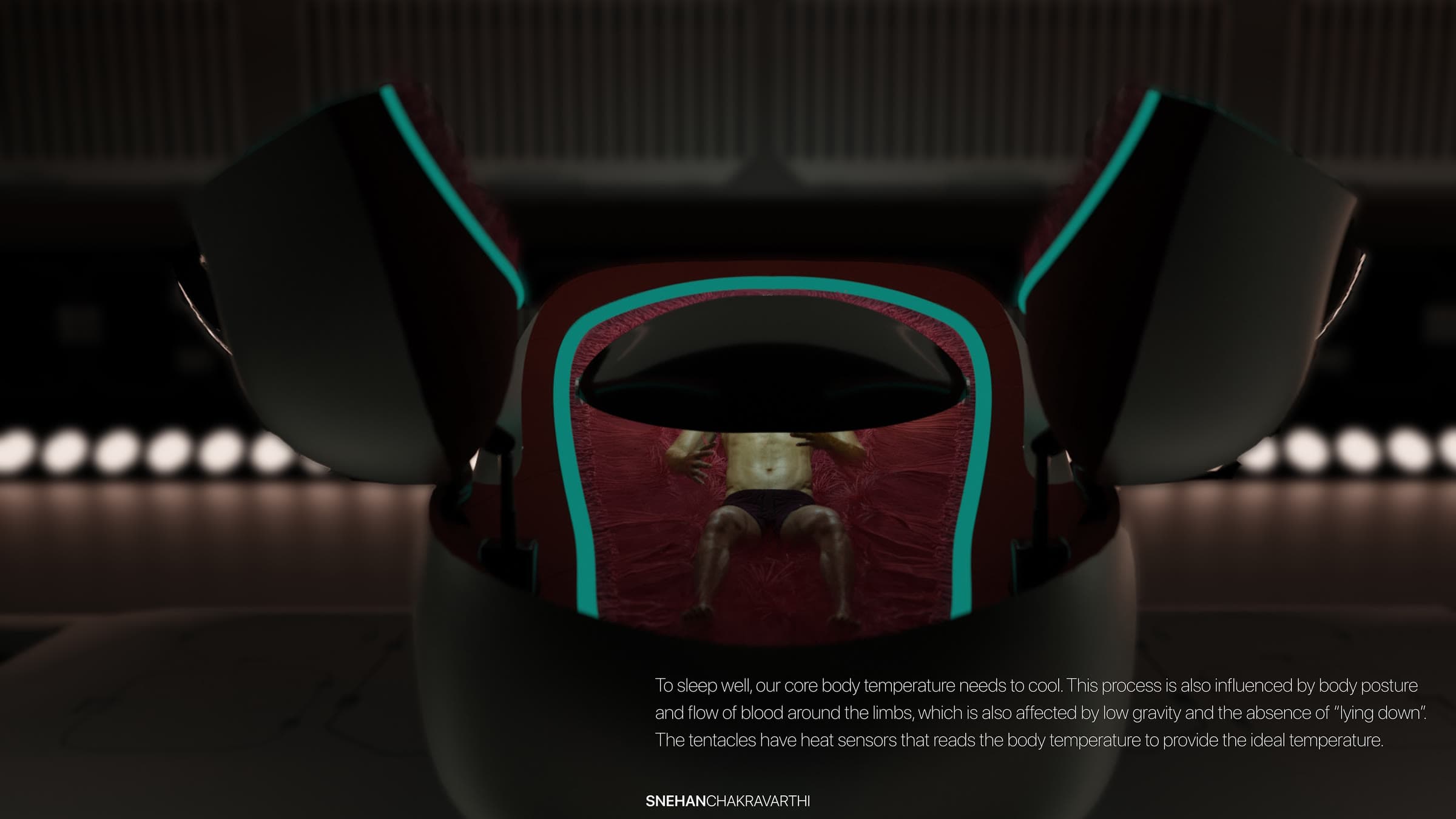 Render of an open Rebirth Cradle pod with its red, cushioned interior