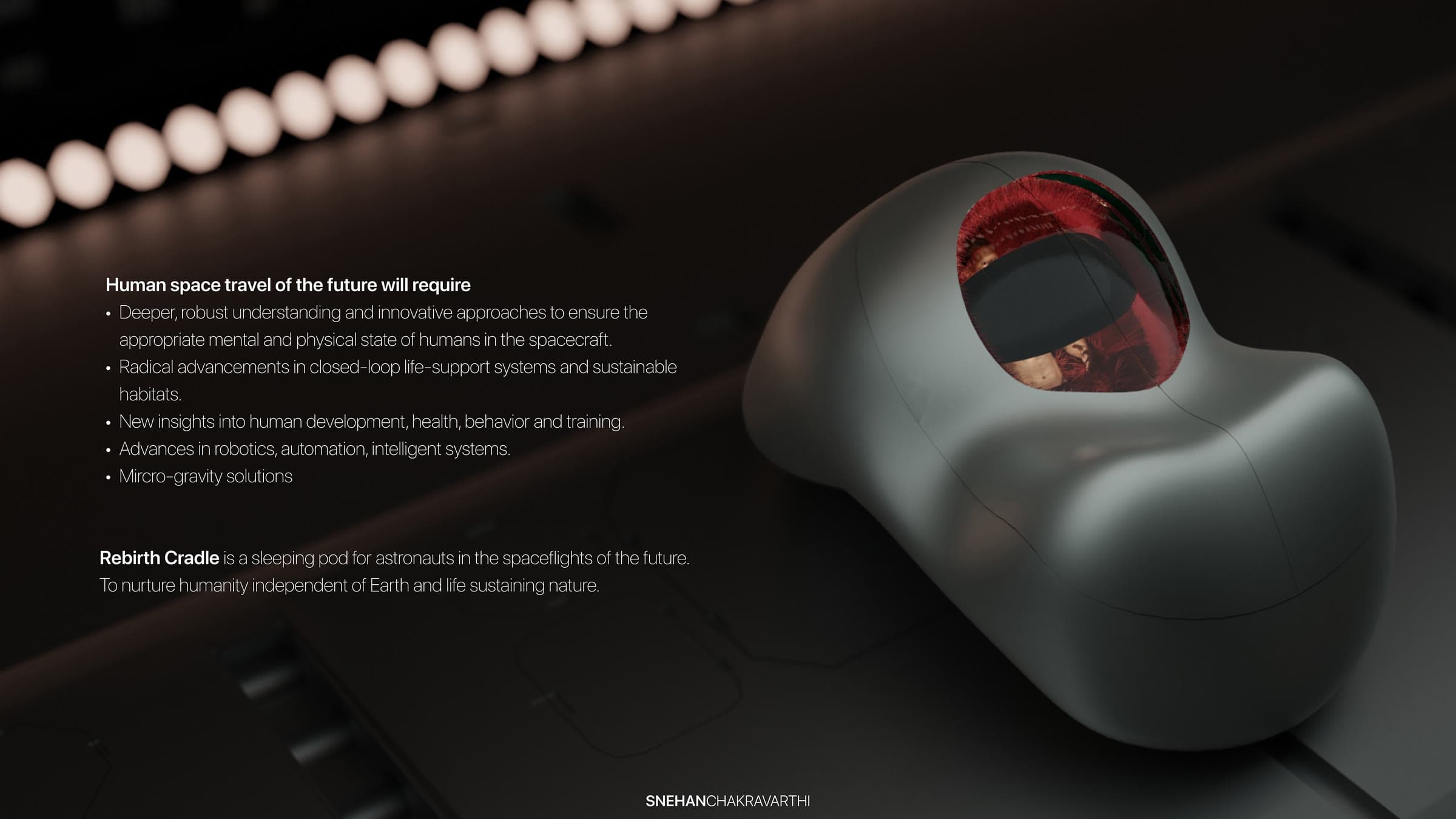 Presentation slide with a render of the closed pod and notes on future space travel