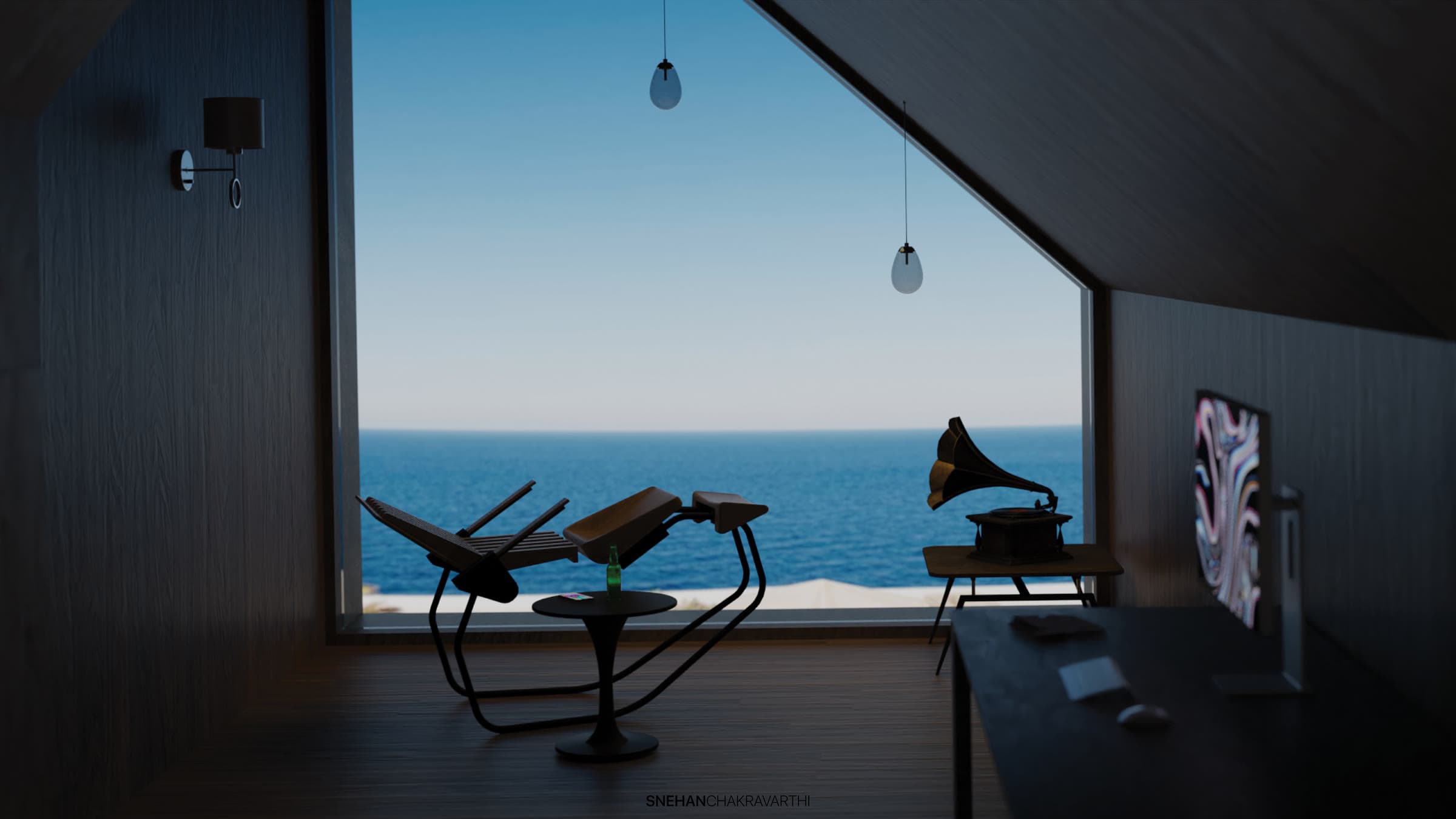 Render of Motsats reclined in a dark attic room with a window onto the sea