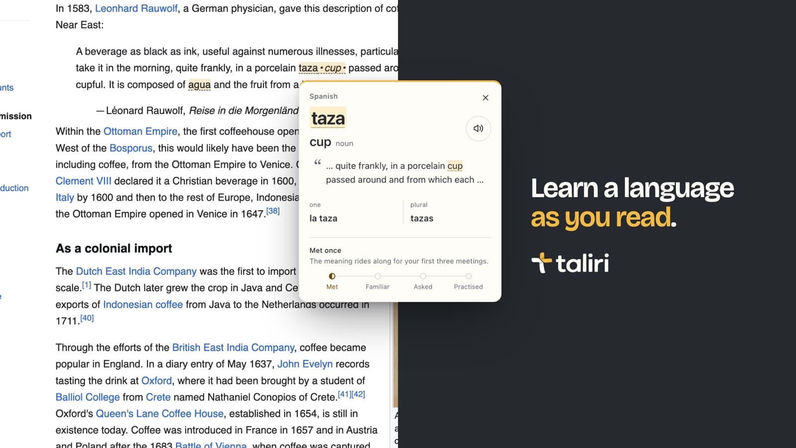 Taliri on a Wikipedia article: the Spanish word taza swapped in for cup, with its hover card showing meaning, forms and learning progress